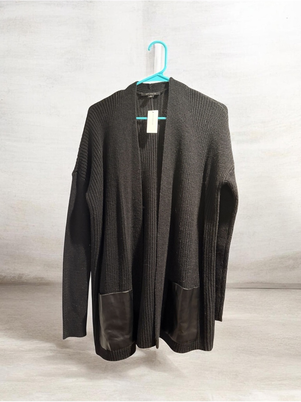 Ann Taylor Black Open-Front Knit Cardigan with Faux Leather Pockets